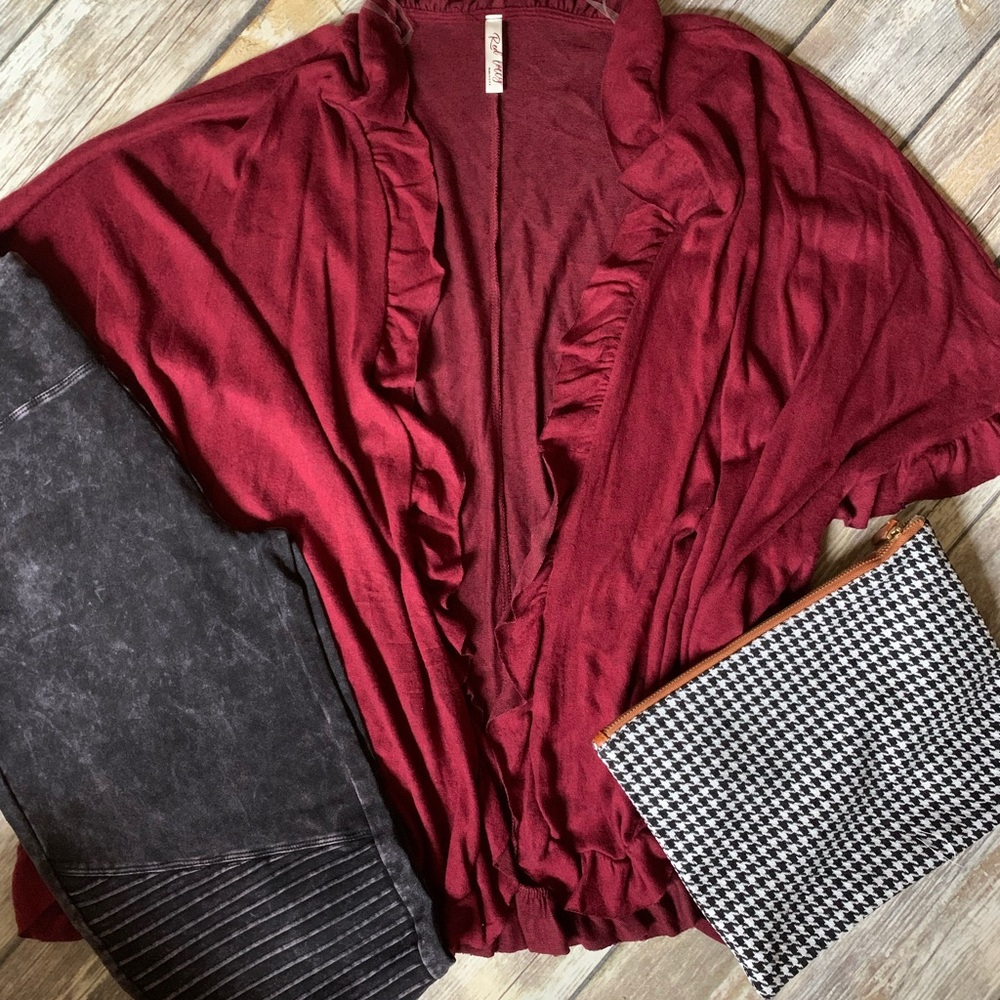 NWOT Wine Ruffle Cardigan